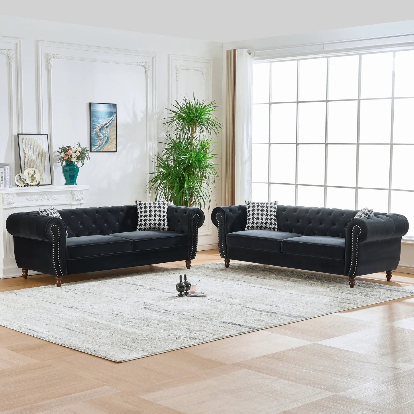 Chesterfield upholstery fabric sofa set, 2-piece black with roll arms and nailhead trim on Tampa Home & Garden Store