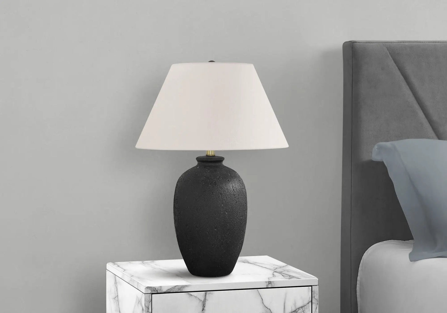 Table lamp ceramic black, modern design with textured base on marble nightstand on Tampa Home & Garden Store