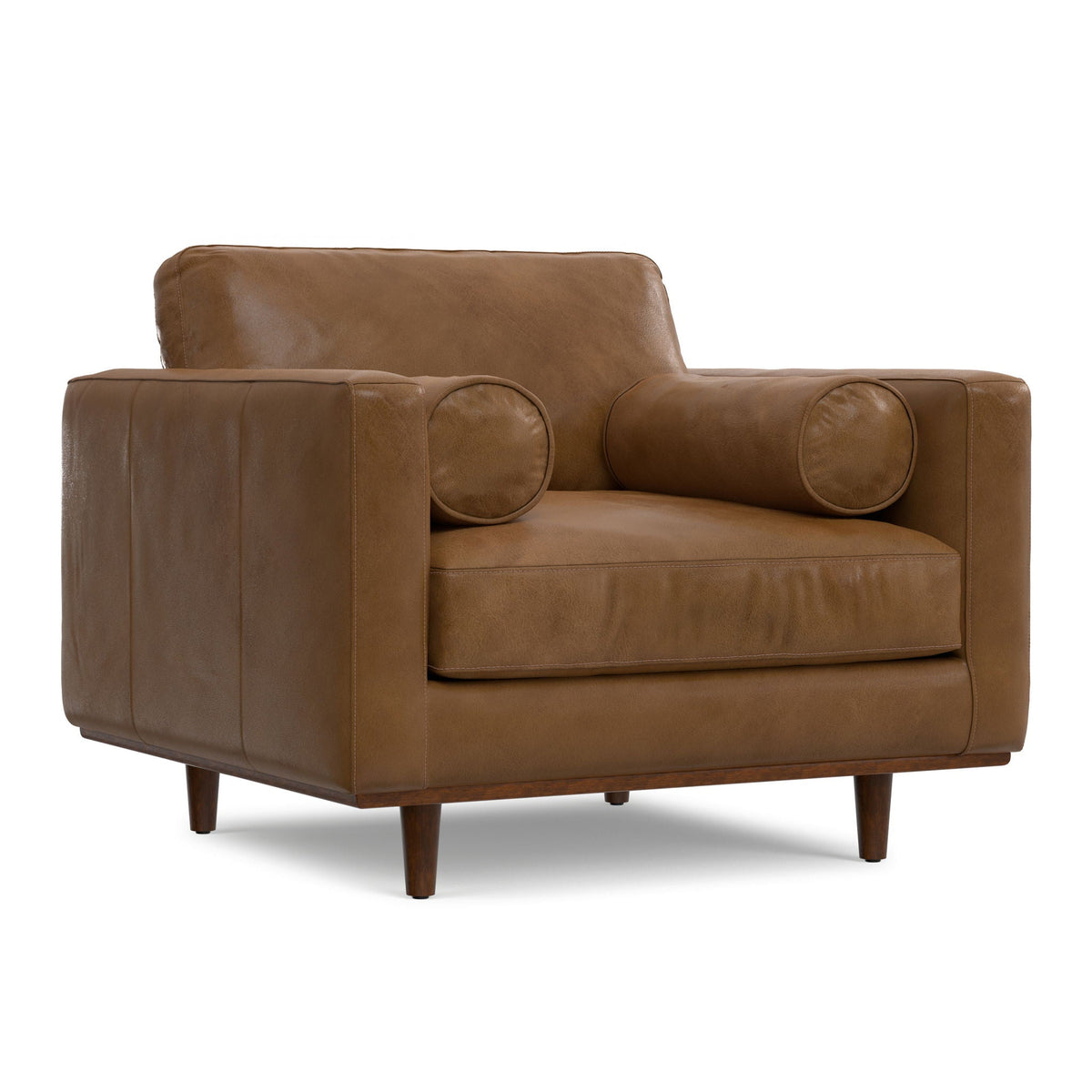 Wide Arm Chair with Removable Cushions, brown leather, tapered wooden legs on Tampa Home & Garden Store