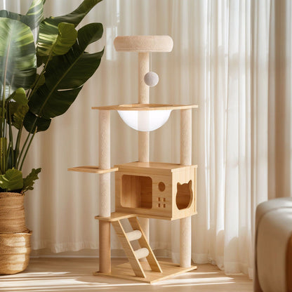Modern Cat Tower in natural wood with sisal posts, top perch, cat condo with cutouts, and hanging ball toy on Tampa Home & Garden Store