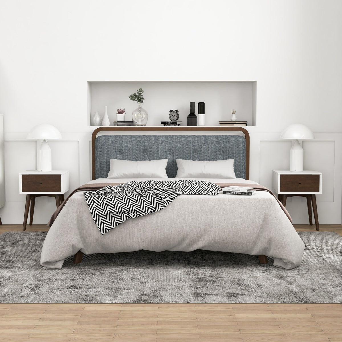 Modern Design Night Stands pair in white with dark brown fronts beside a gray upholstered bed on Tampa Home & Garden Store