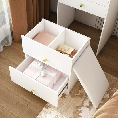 White vanity dresser with divided interior drawers and pink gift boxes inside on Tampa Home & Garden Store