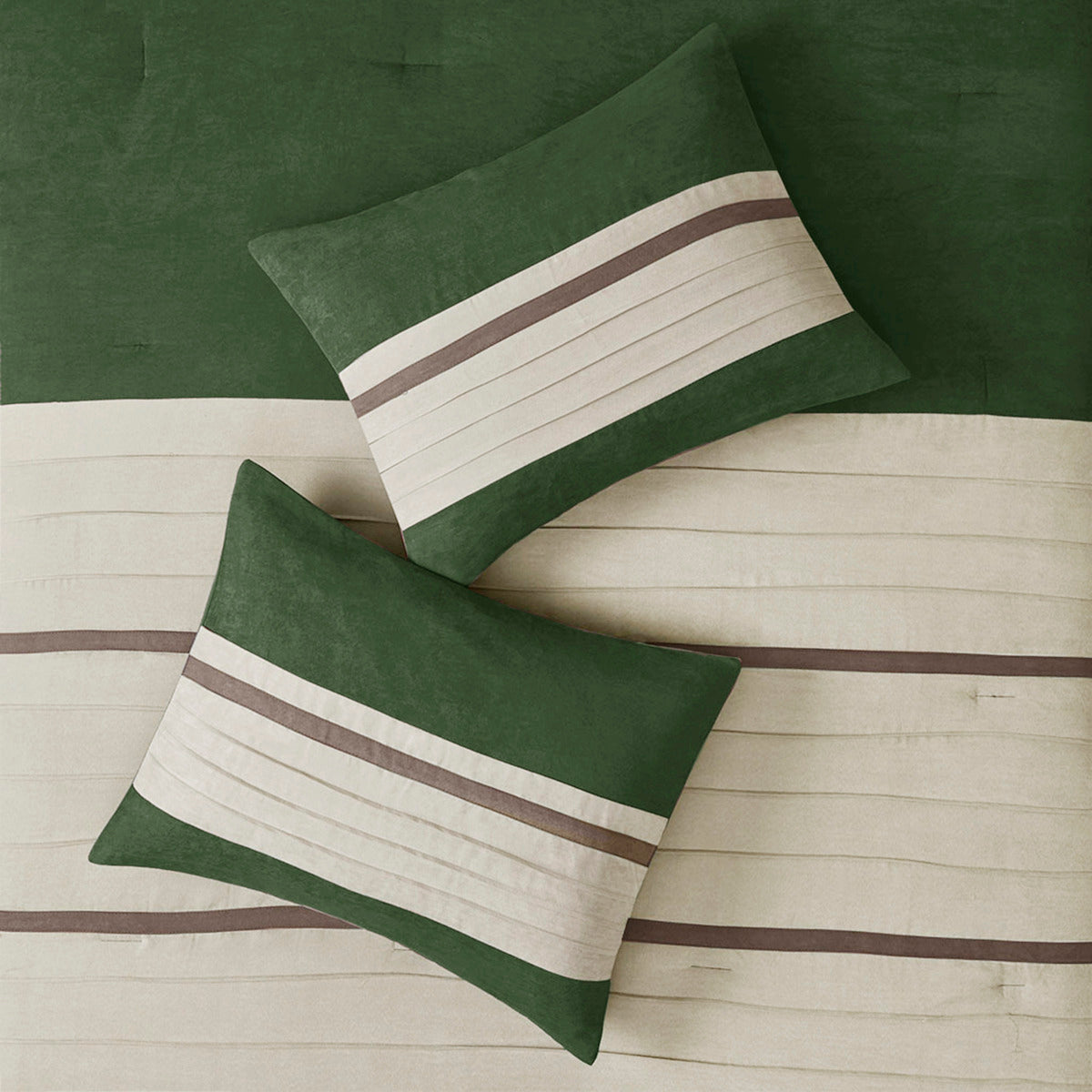 7 Pc Faux Suede Comforter Set Green Queen with cream striped band and two matching shams on Tampa Home & Garden Store