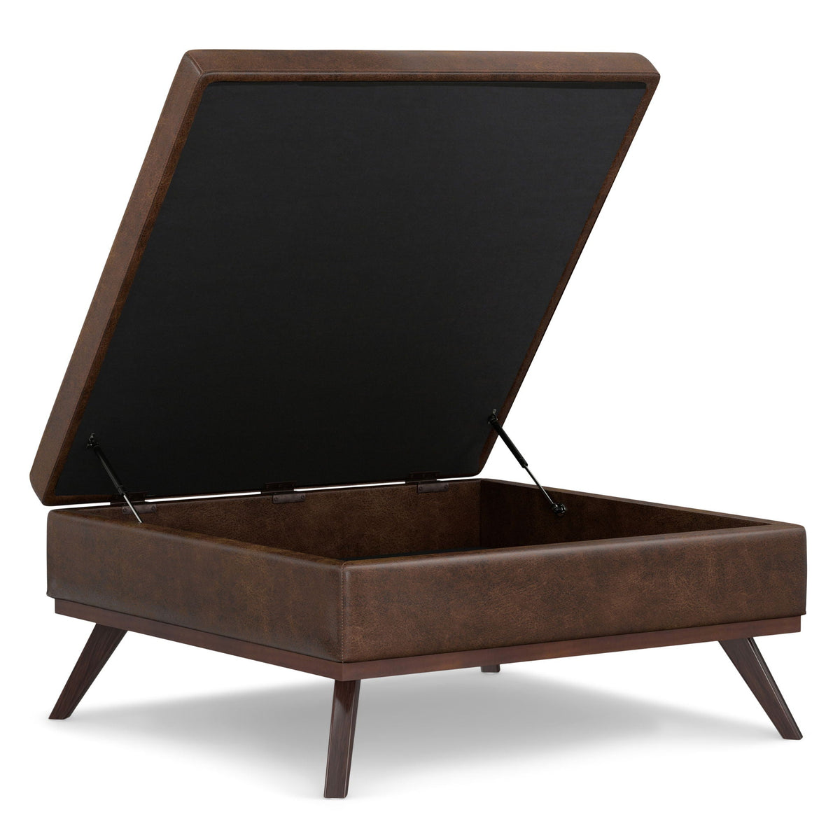 Square lift-top coffee table and storage ottoman in brown faux leather with angled legs on Tampa Home & Garden Store