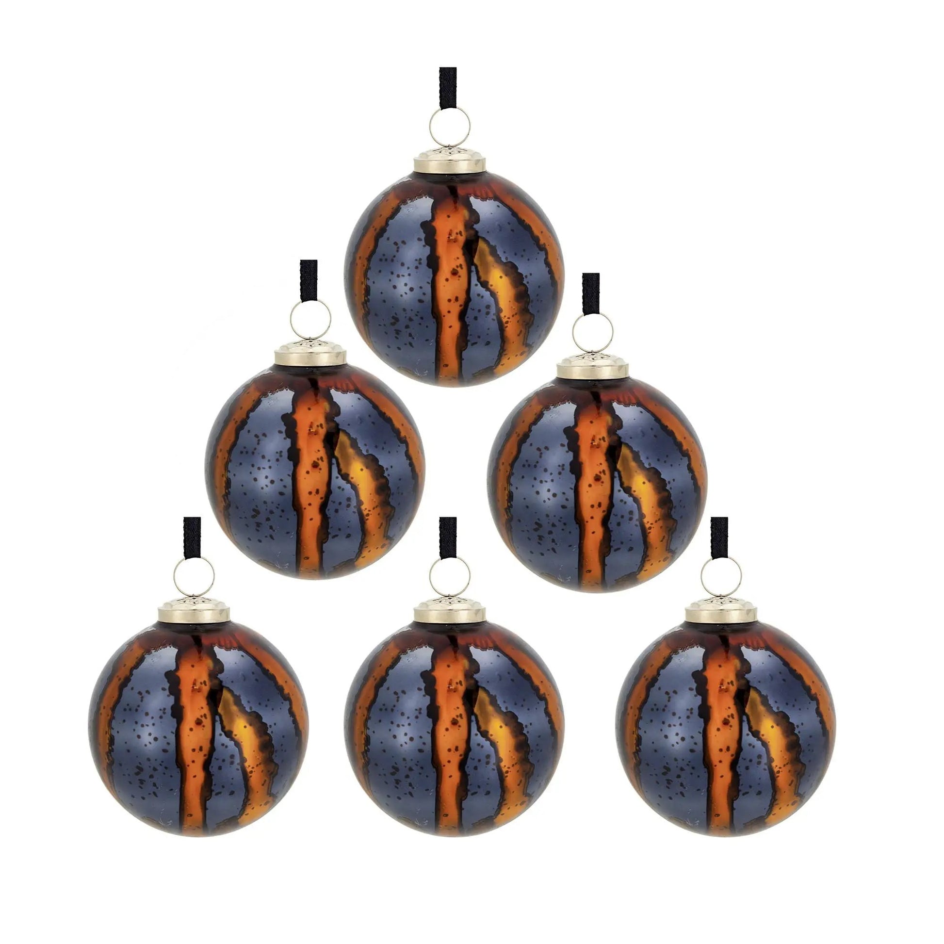 Set of 6 blue glass Christmas ball ornaments with orange stripes and gold caps on Tampa Home & Garden Store