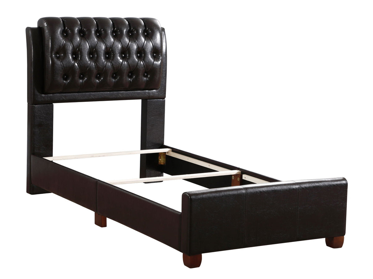 Tufted Upholstered Bed headboard in dark brown leather with button tufting and wood legs on Tampa Home & Garden Store