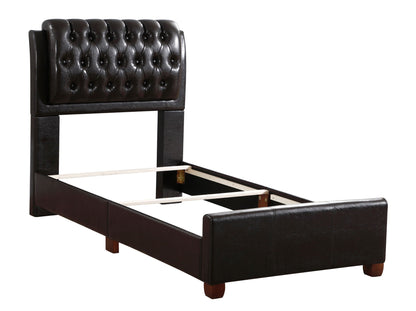 Tufted Upholstered Bed headboard in dark brown leather with button tufting and wood legs on Tampa Home & Garden Store