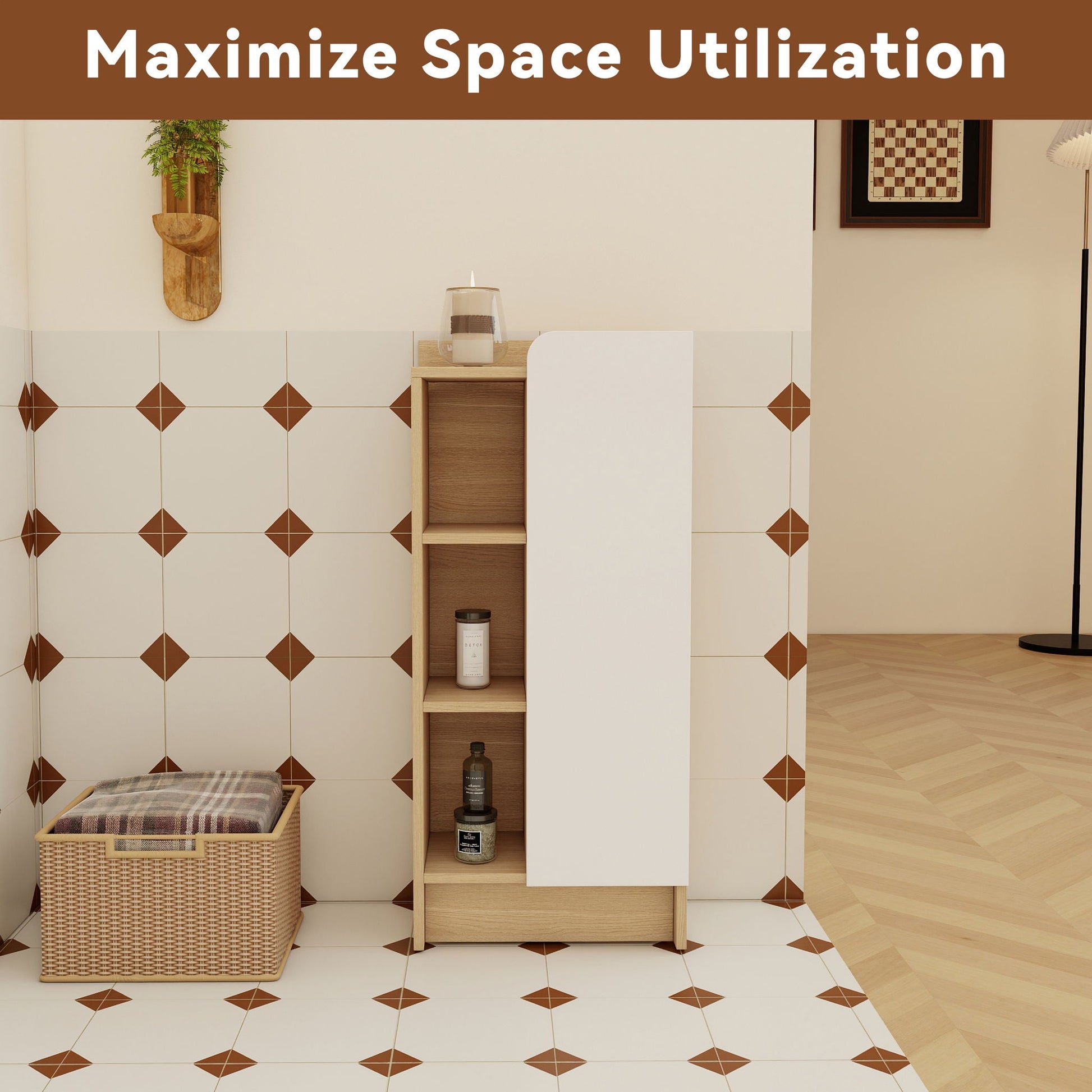 Freestanding bathroom cabinet with white door and light oak 3-tier open shelves by HouseOfZazla on Tampa Home & Garden Store