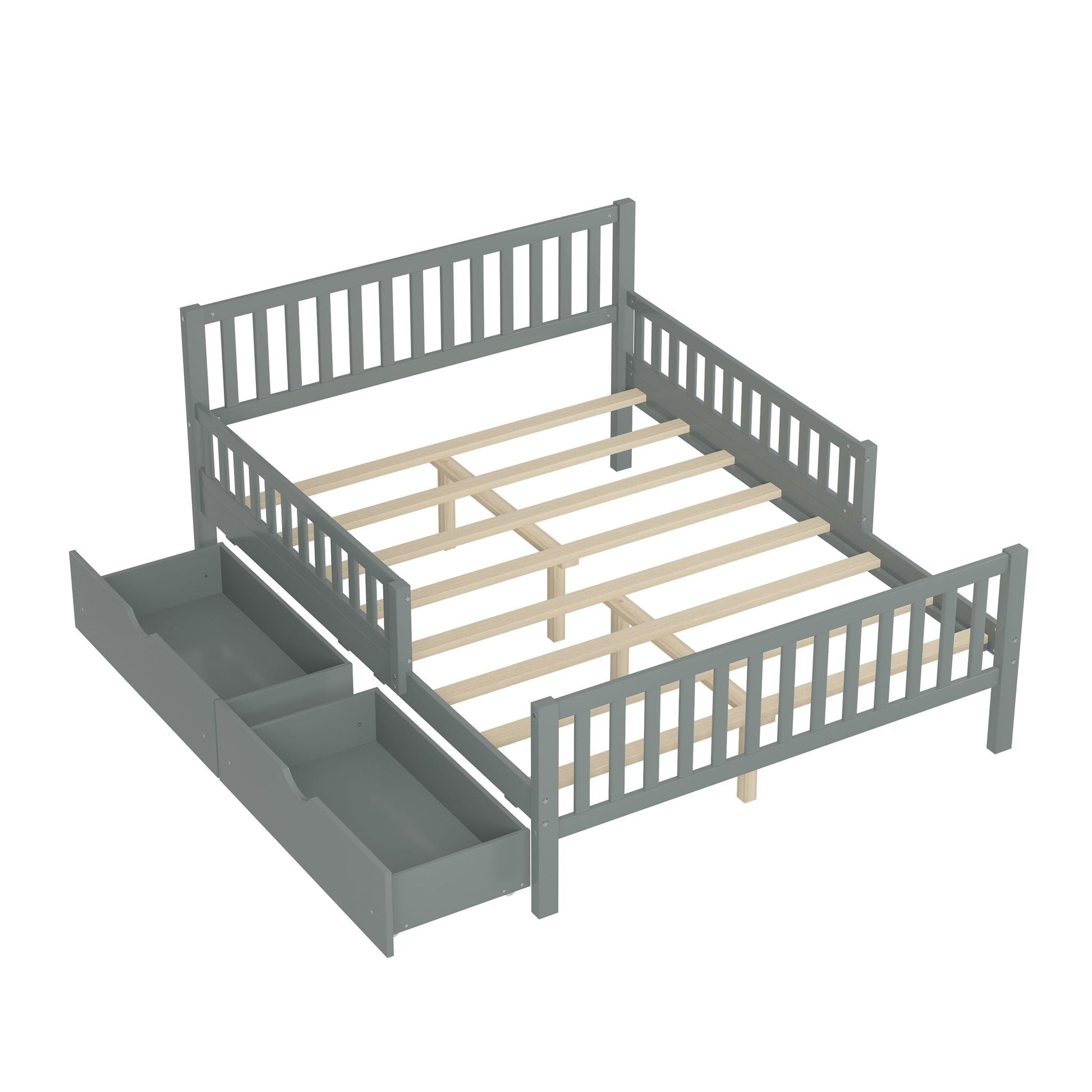 Platform bed with guardrails and 2 storage drawers, gray frame with wood slats HouseOfZazla on Tampa Home & Garden Store