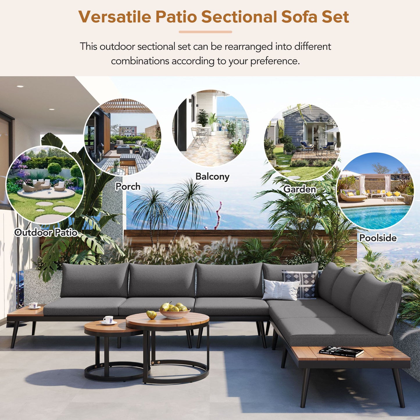 Outdoor Sectional Sofa Set with Nesting Coffee Tables, 6-Piece by HouseOfZazla with cushions on Tampa Home & Garden Store