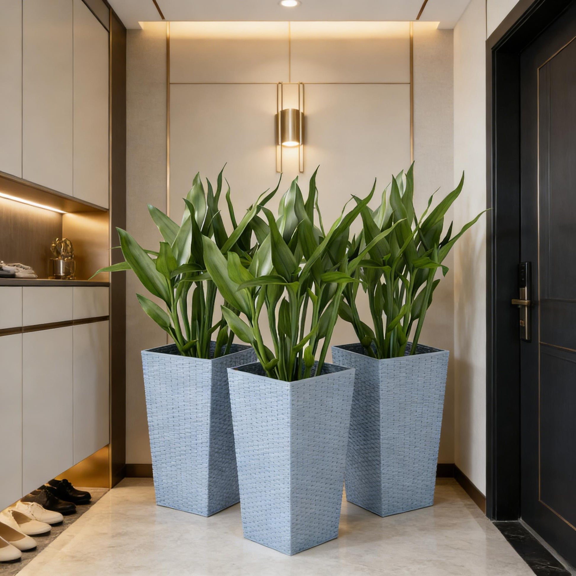 Plants Box Set of 3 Tall Planters with woven gray finish and green leaves on Tampa Home & Garden Store