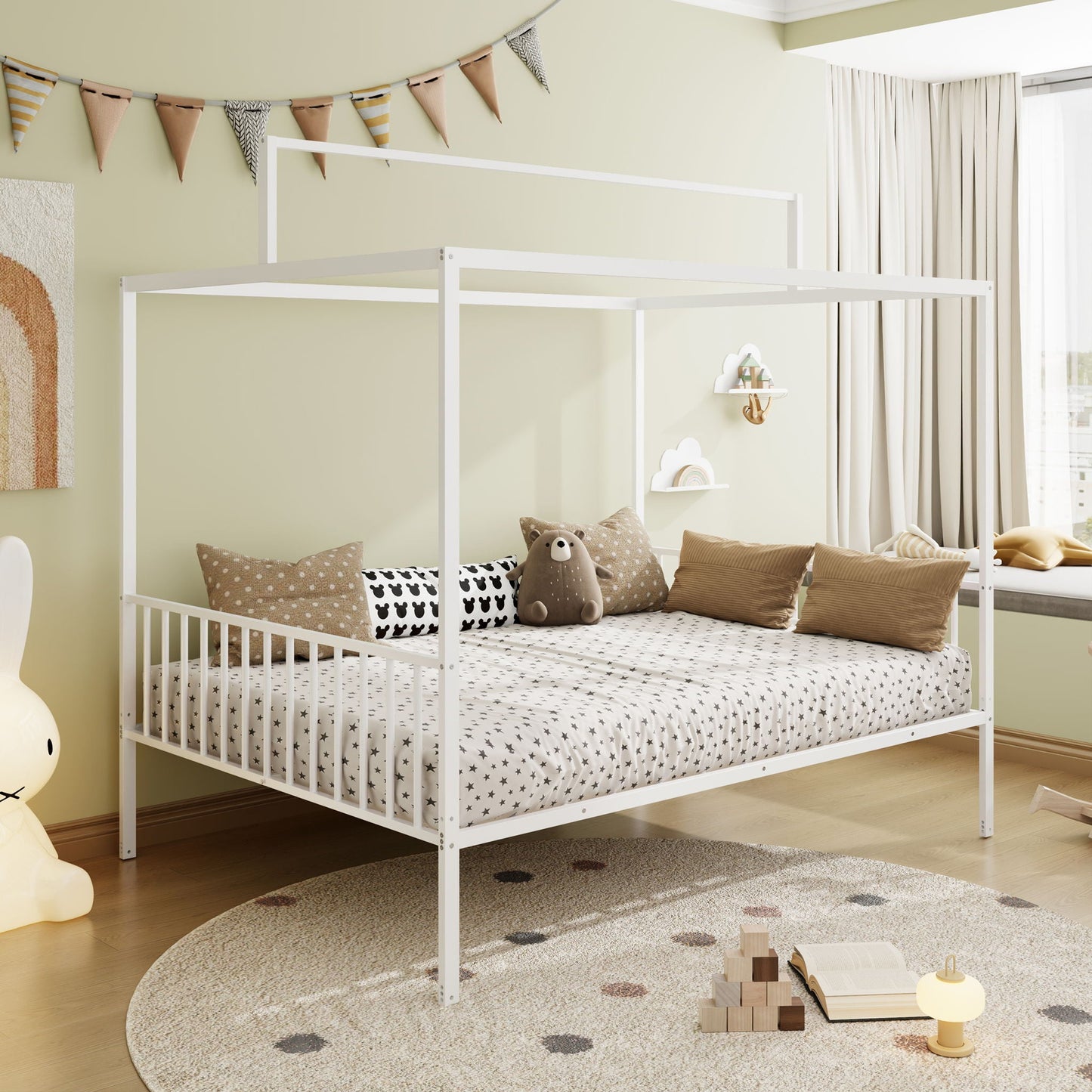 3 In 1 Convertible Montessori floor bed with fenced white frame in a pastel kids room with star bedding on Tampa Home & Garden Store