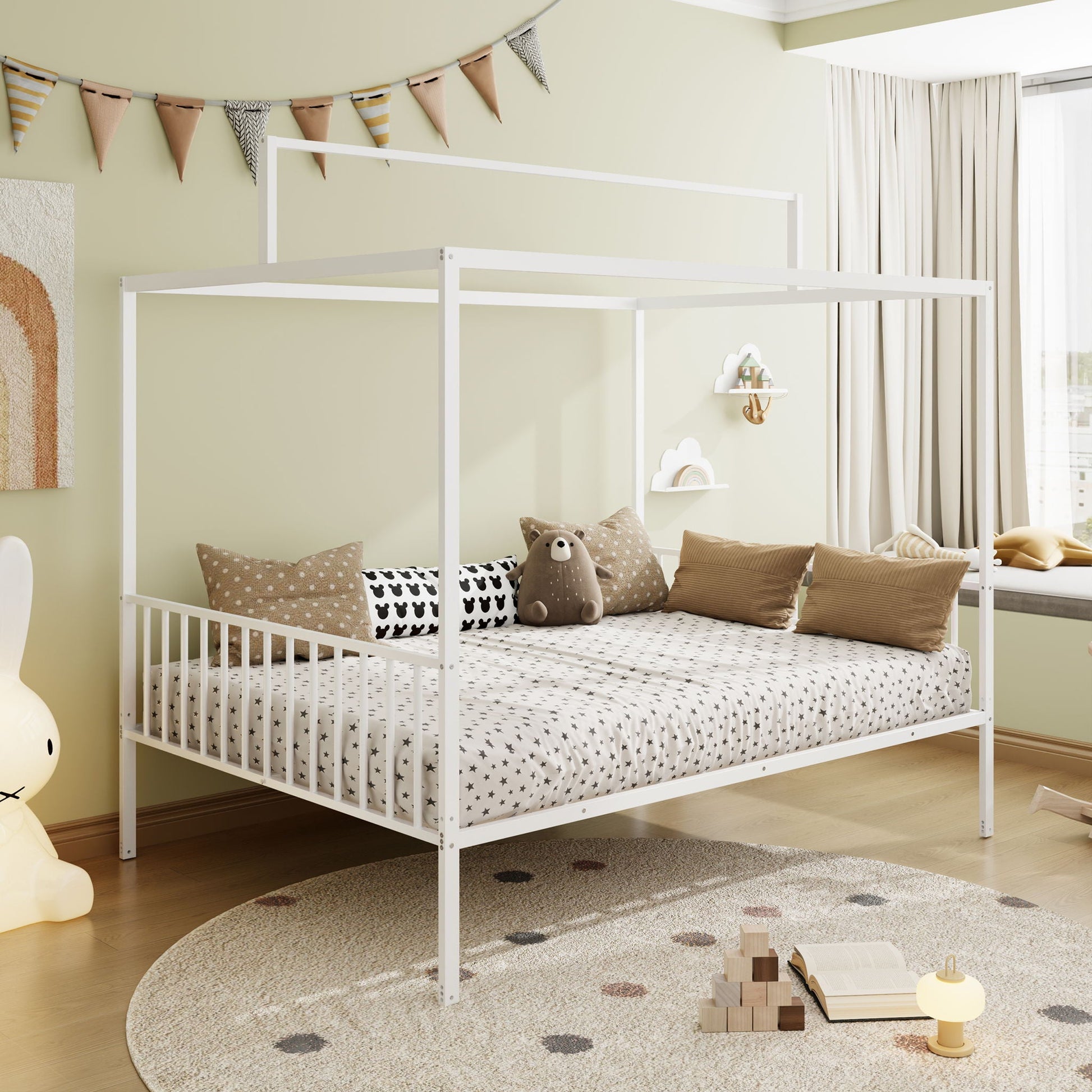 3 In 1 Convertible Montessori floor bed with fenced white frame in a pastel kids room with star bedding on Tampa Home & Garden Store