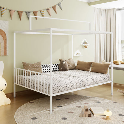 3 In 1 Convertible Montessori floor bed with fenced white frame in a pastel kids room with star bedding on Tampa Home & Garden Store
