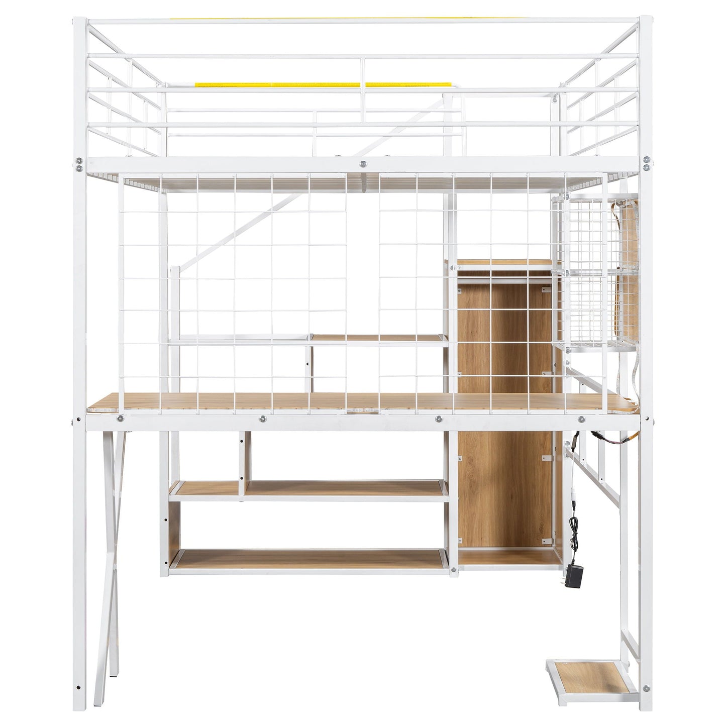 HouseOfZazla loft bed with built-in workstation, storage staircase and LED, white metal frame on Tampa Home & Garden Store
