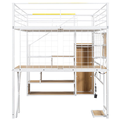 HouseOfZazla loft bed with built-in workstation, storage staircase and LED, white metal frame on Tampa Home & Garden Store