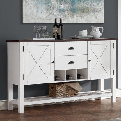 White 2-drawer server with brown wood top, X-panel cabinet doors and open lower shelf on Tampa Home & Garden Store