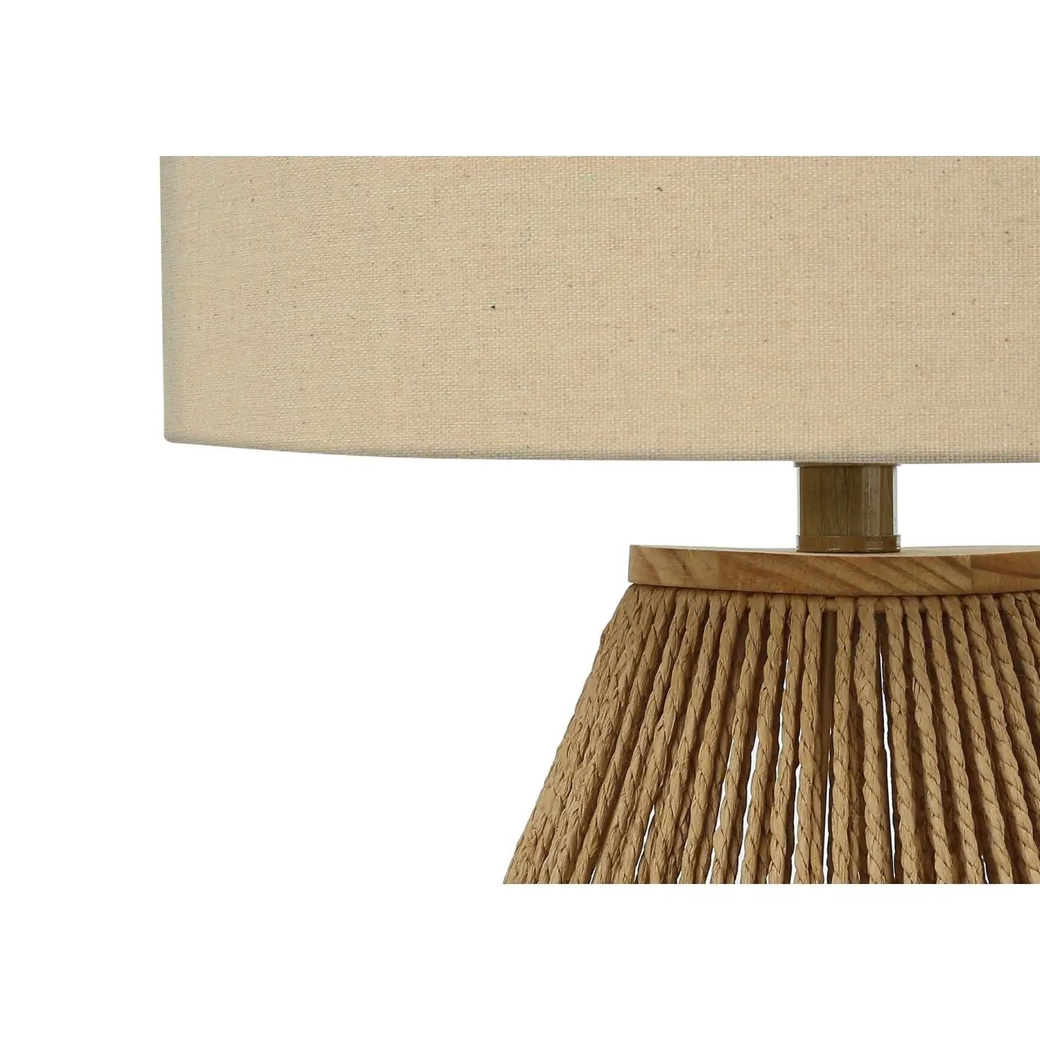 Table lamp with beige fabric shade and rope-wrapped brown base, transitional style on Tampa Home & Garden Store