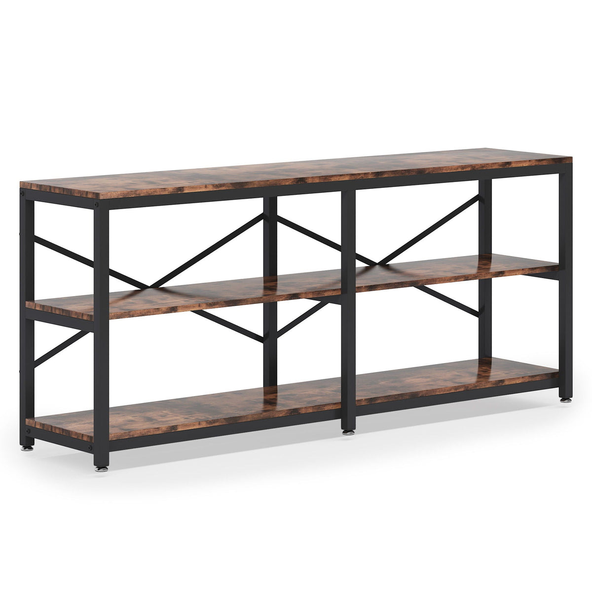 Extra long console table with X-back design and 3-tier storage on a black metal frame on Tampa Home & Garden Store