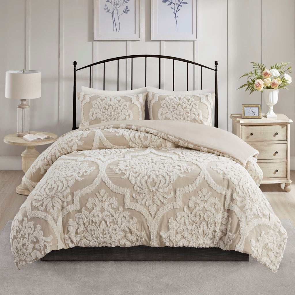 King/Cal King Tufted Cotton Chenille Damask Duvet Cover Set beige cream with tufted damask on Tampa Home & Garden Store