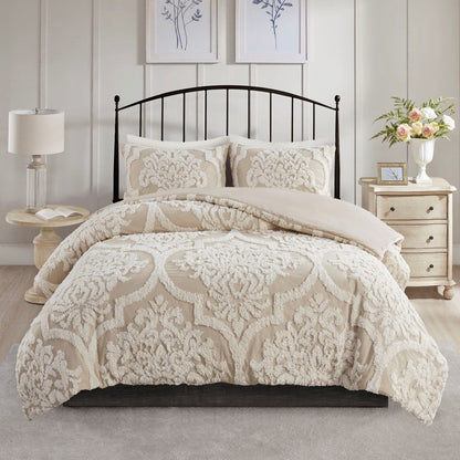 King/Cal King Tufted Cotton Chenille Damask Duvet Cover Set beige cream with tufted damask on Tampa Home & Garden Store