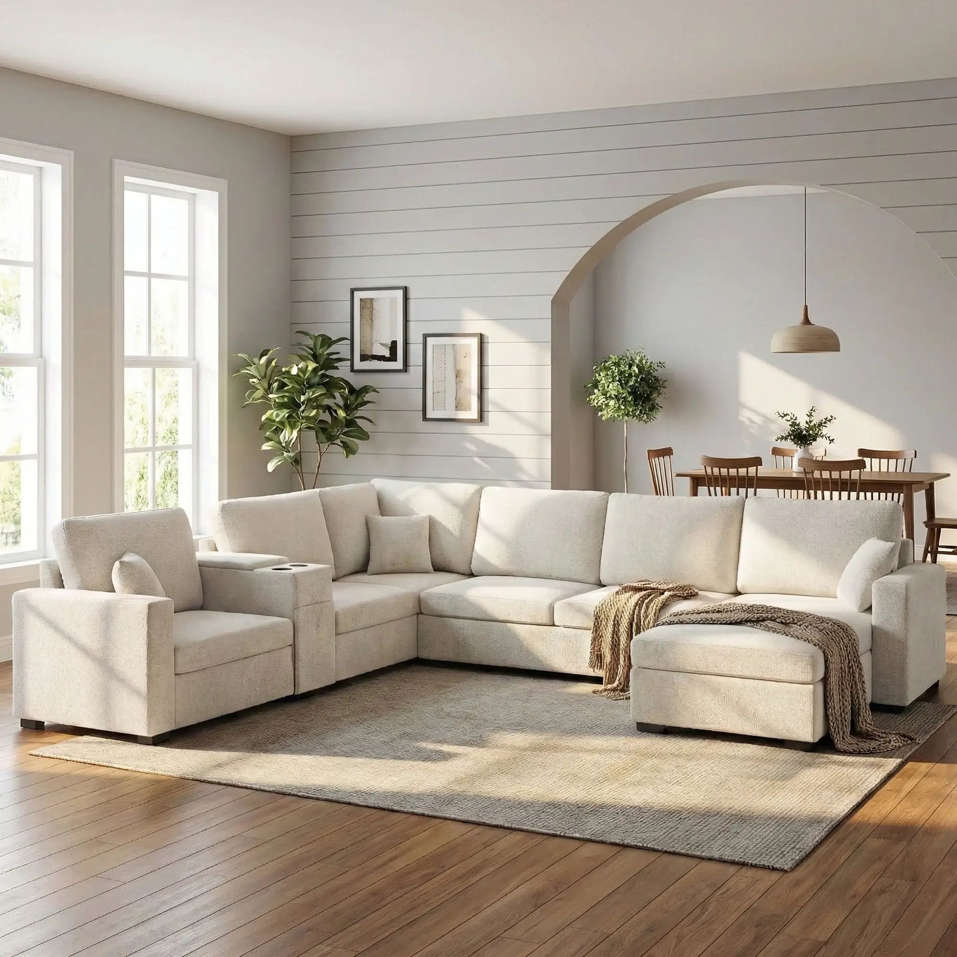 Modular 5-seat U-shaped sectional sofa with chaise in beige fabric, Unique Piece Furniture on Tampa Home & Garden Store
