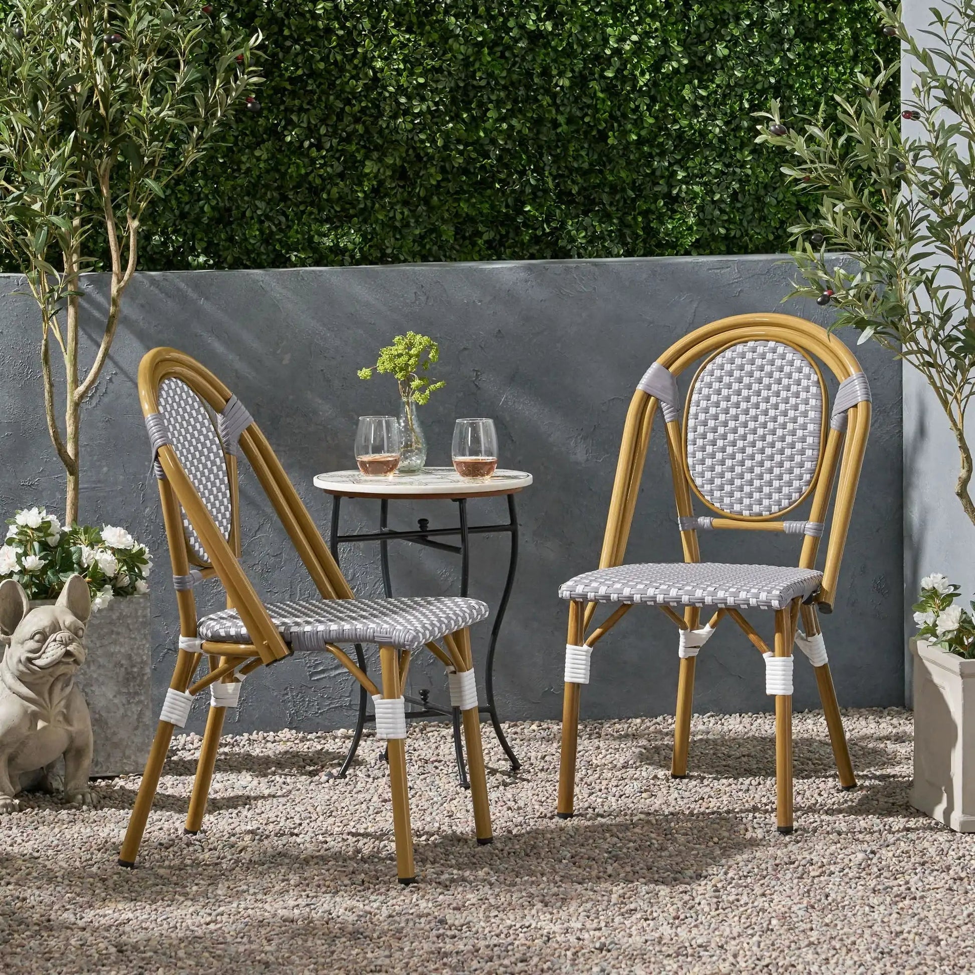 Outdoor Rattan and Aluminum French Bistro chair set in gray woven seats, 4 chairs on Tampa Home & Garden Store