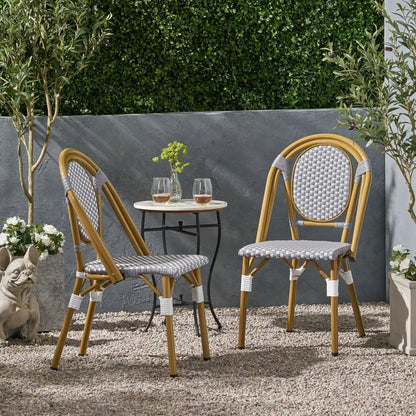 Outdoor Rattan and Aluminum French Bistro chair set in gray woven seats, 4 chairs on Tampa Home & Garden Store