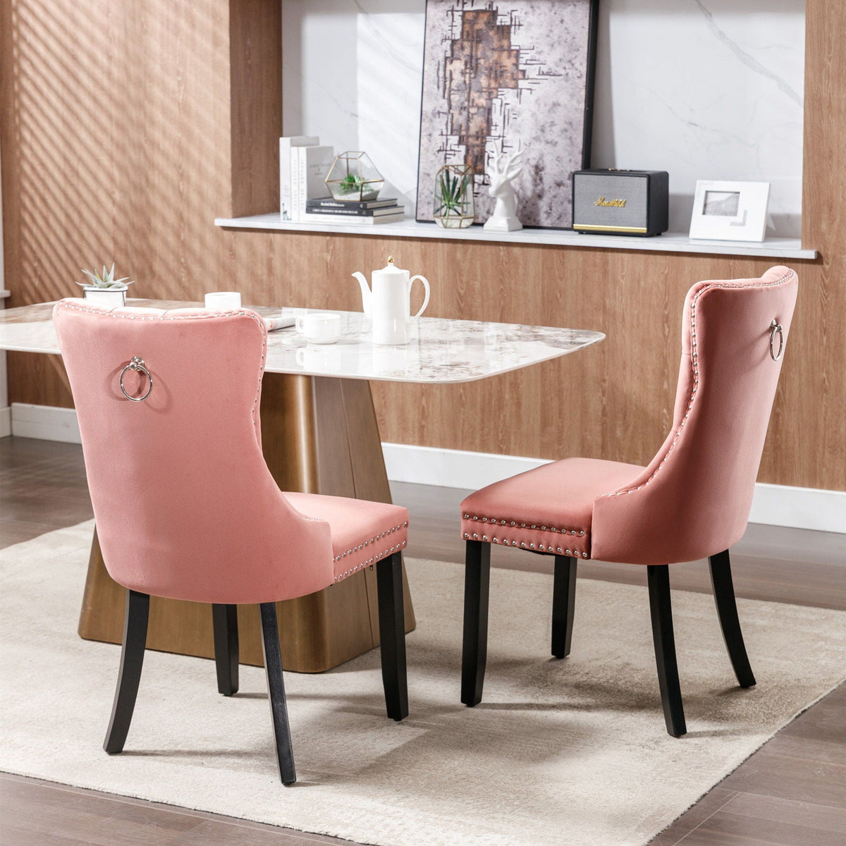 Tufted velvet dining chairs pink with nailhead trim and ring pulls, 4-piece set on Tampa Home & Garden Store
