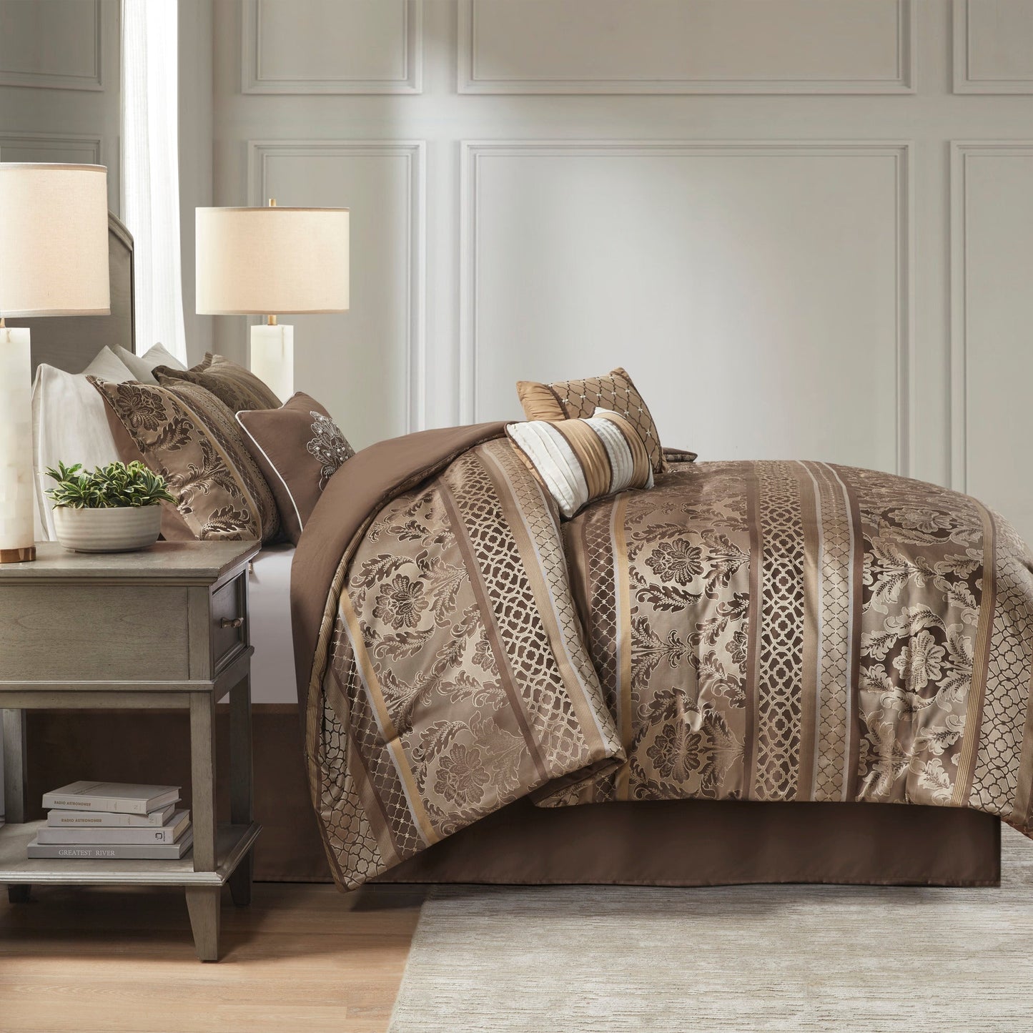 7 Piece Jacquard Comforter Set Brown/Gold Cal King by HouseOfZazla Bedding Sets on Tampa Home & Garden Store
