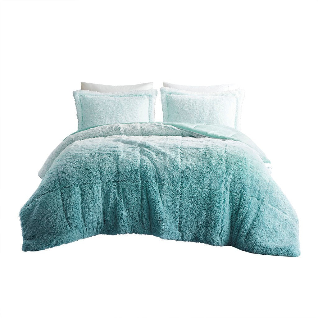 Full/Queen Ombre Shaggy Long Fur Comforter Mini Set teal with two matching shams on Tampa Home & Garden Store