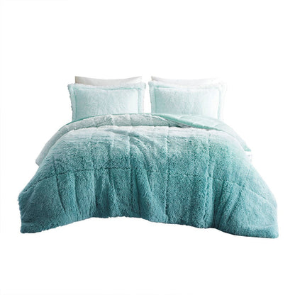 Full/Queen Ombre Shaggy Long Fur Comforter Mini Set teal with two matching shams on Tampa Home & Garden Store