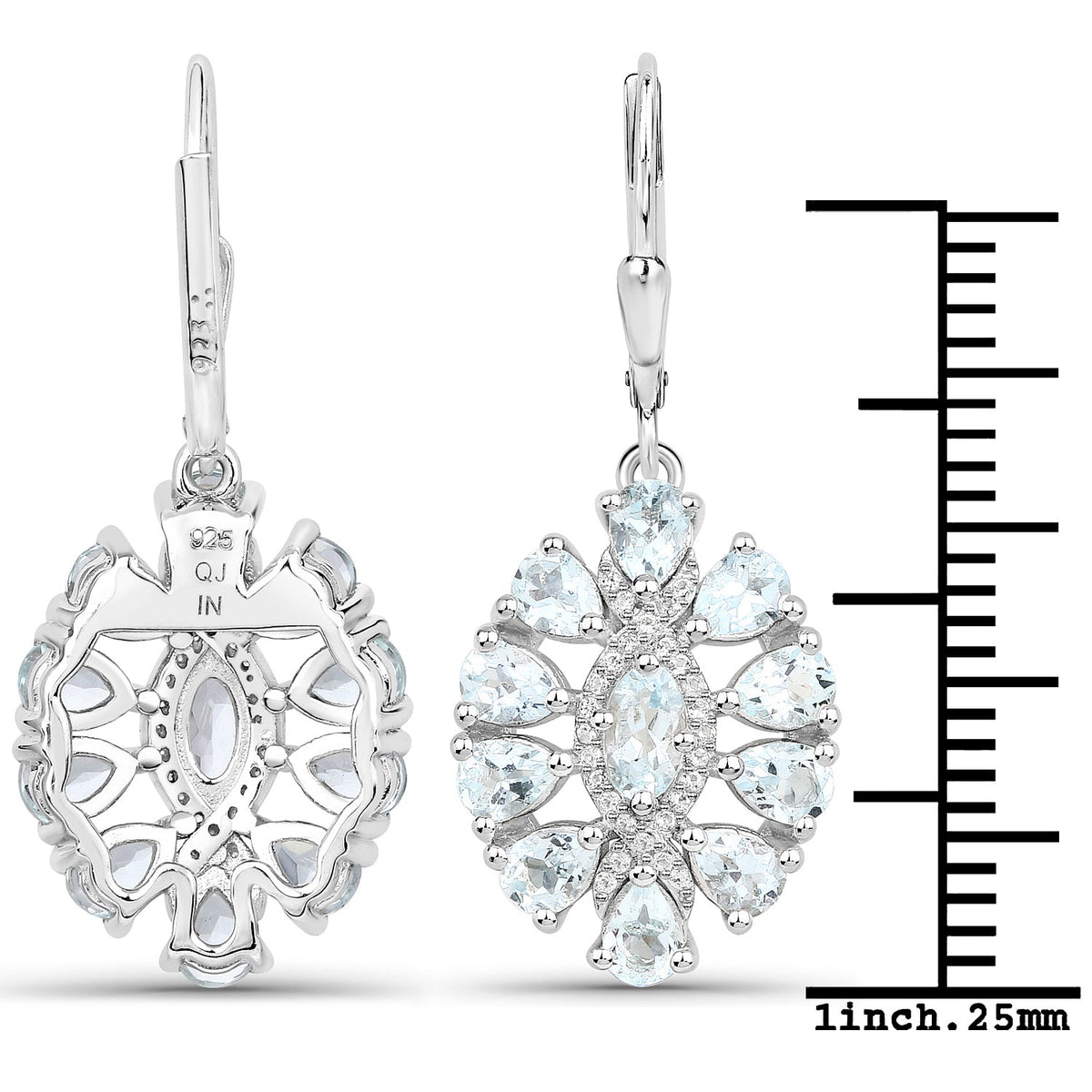 Earrings 925 sterling silver drop with a floral halo of aquamarine and white topaz stones on Tampa Home & Garden Store