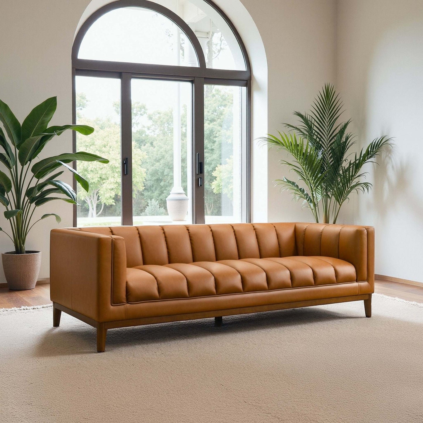 Melissa Mid-Century Cognac vegan leather modern sofa with tufted cushions and dark legs on Tampa Home & Garden Store