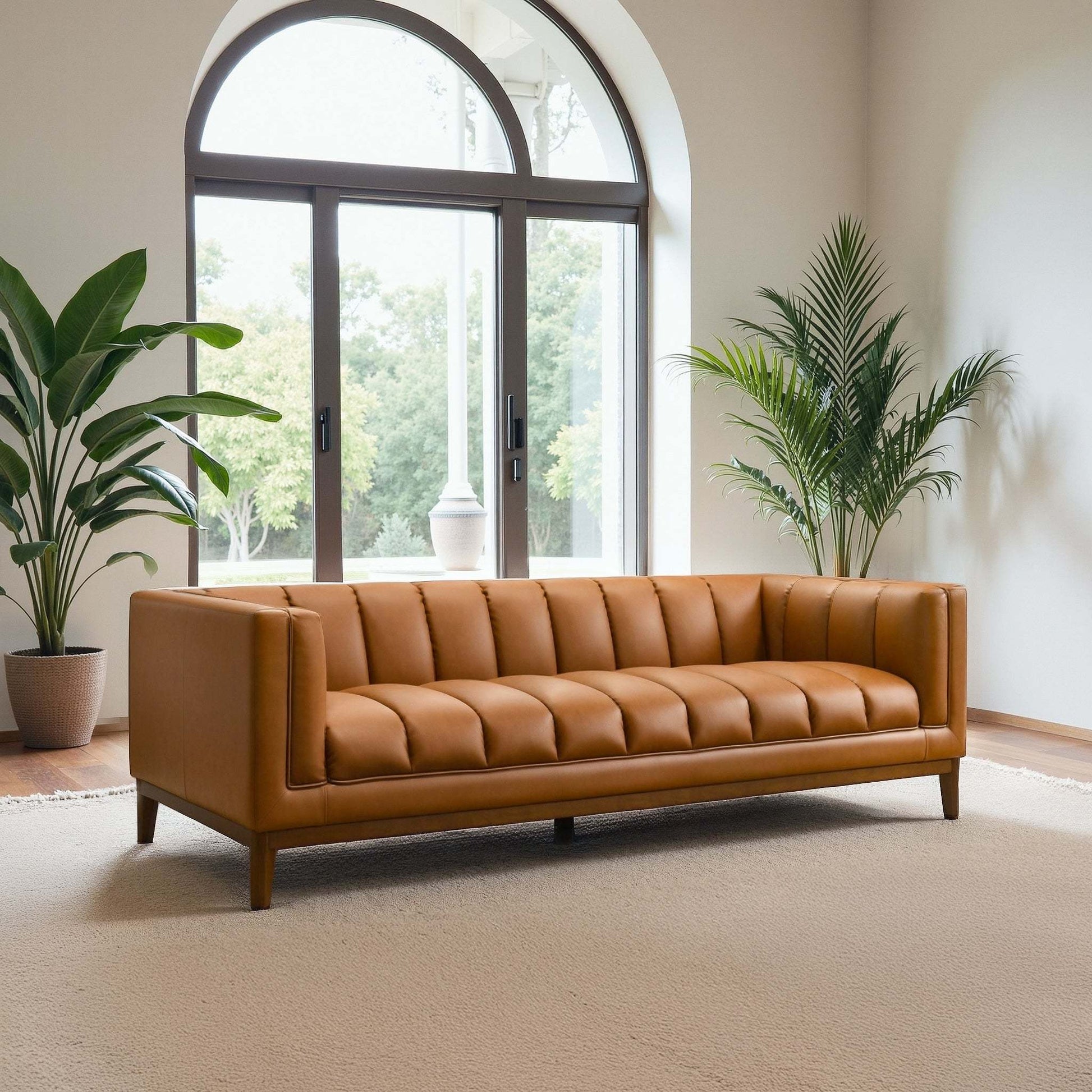 Melissa Mid-Century Cognac vegan leather modern sofa with tufted cushions and dark legs on Tampa Home & Garden Store