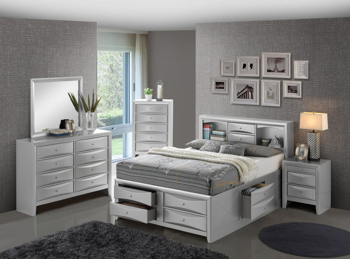Modern storage bed with bookcase headboard in grey finish by HouseOfZazla with built-in drawers on Tampa Home & Garden Store