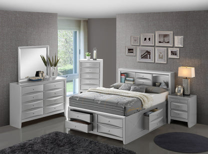 Modern storage bed with bookcase headboard in grey finish by HouseOfZazla with built-in drawers on Tampa Home & Garden Store