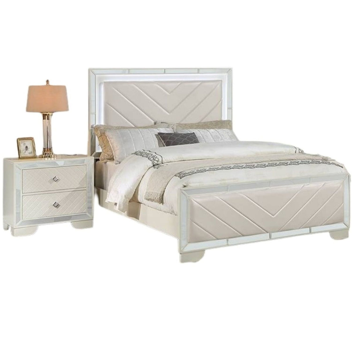 3 Piece Bedroom Set: LED-lit bed with two mirrored nightstands, ivory finish by HouseOfZazla on Tampa Home & Garden Store