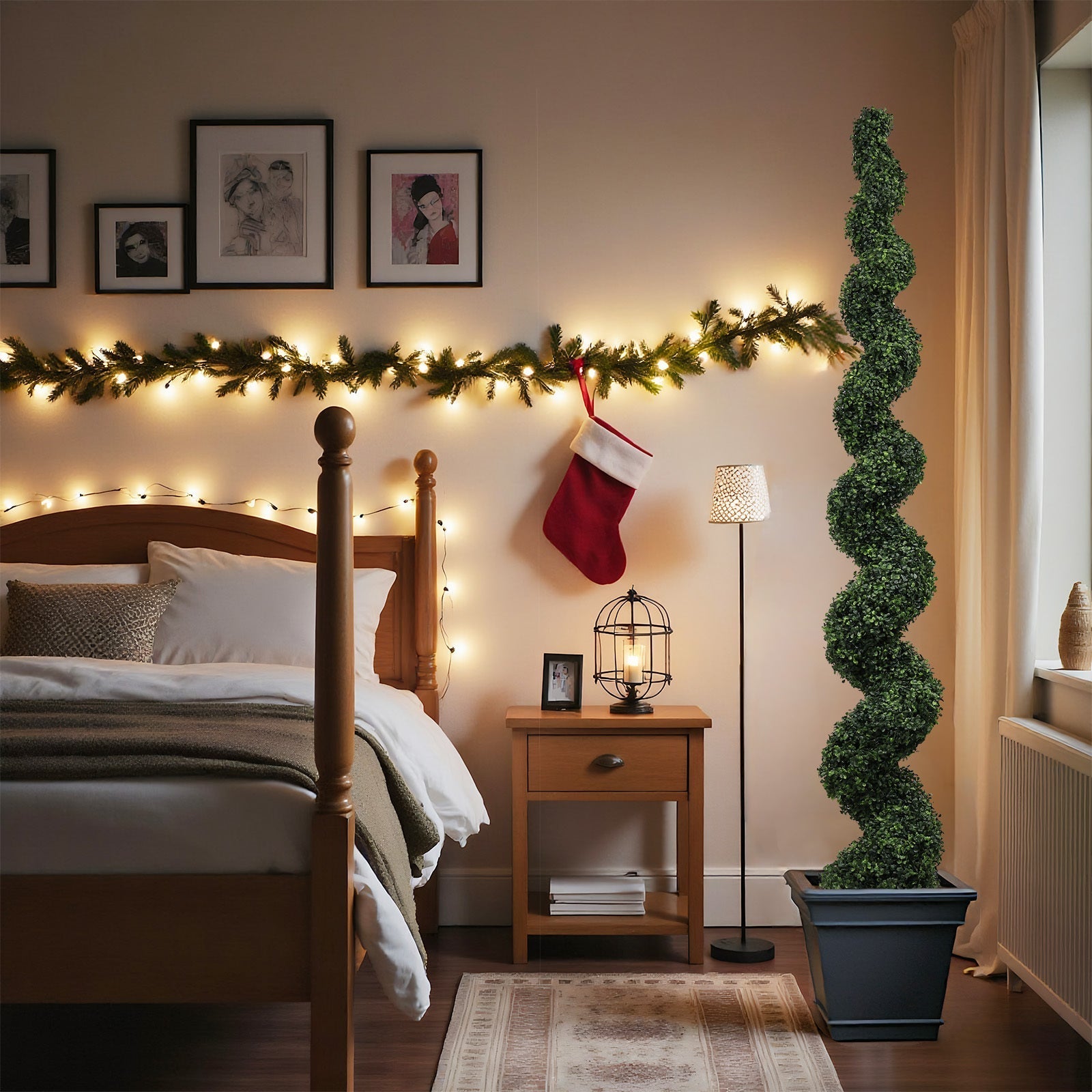 Tall spiral faux plant in square pot beside wooden nightstand with warm lights and stocking on Tampa Home & Garden Store