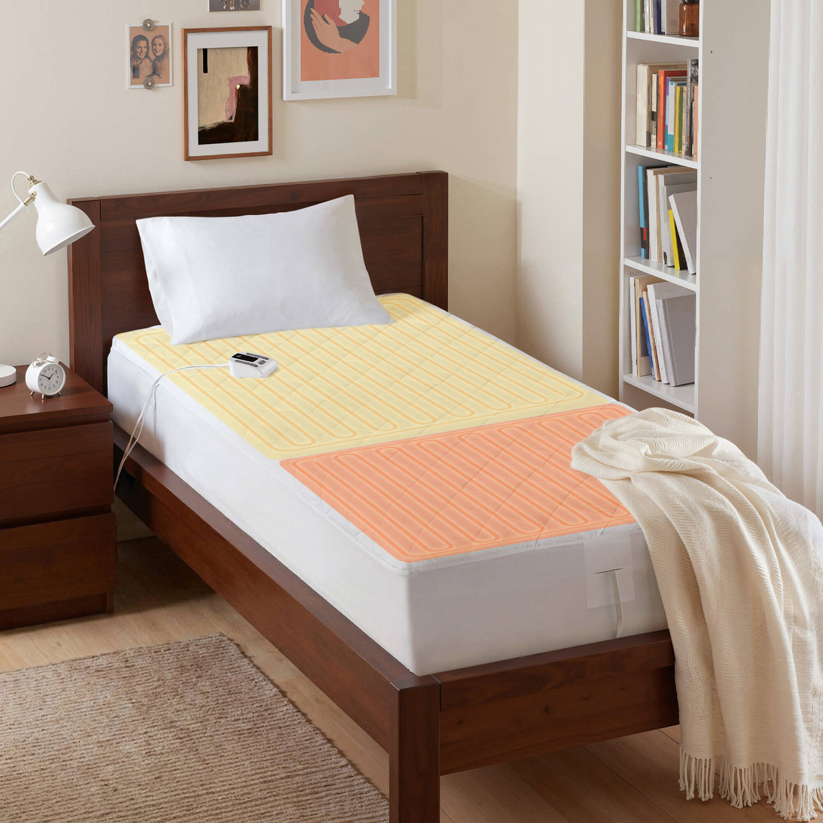 1-Piece Full Heated Mattress Pad HouseOfZazla in yellow-orange gradient atop a wooden bed on Tampa Home & Garden Store