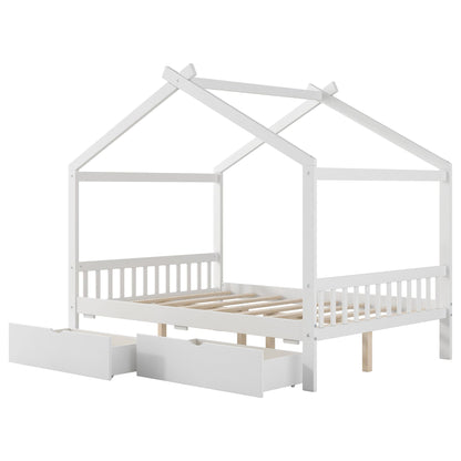 House style platform bed white with roof design, headboard/footboard, 2 drawers by HouseOfZazla on Tampa Home & Garden Store