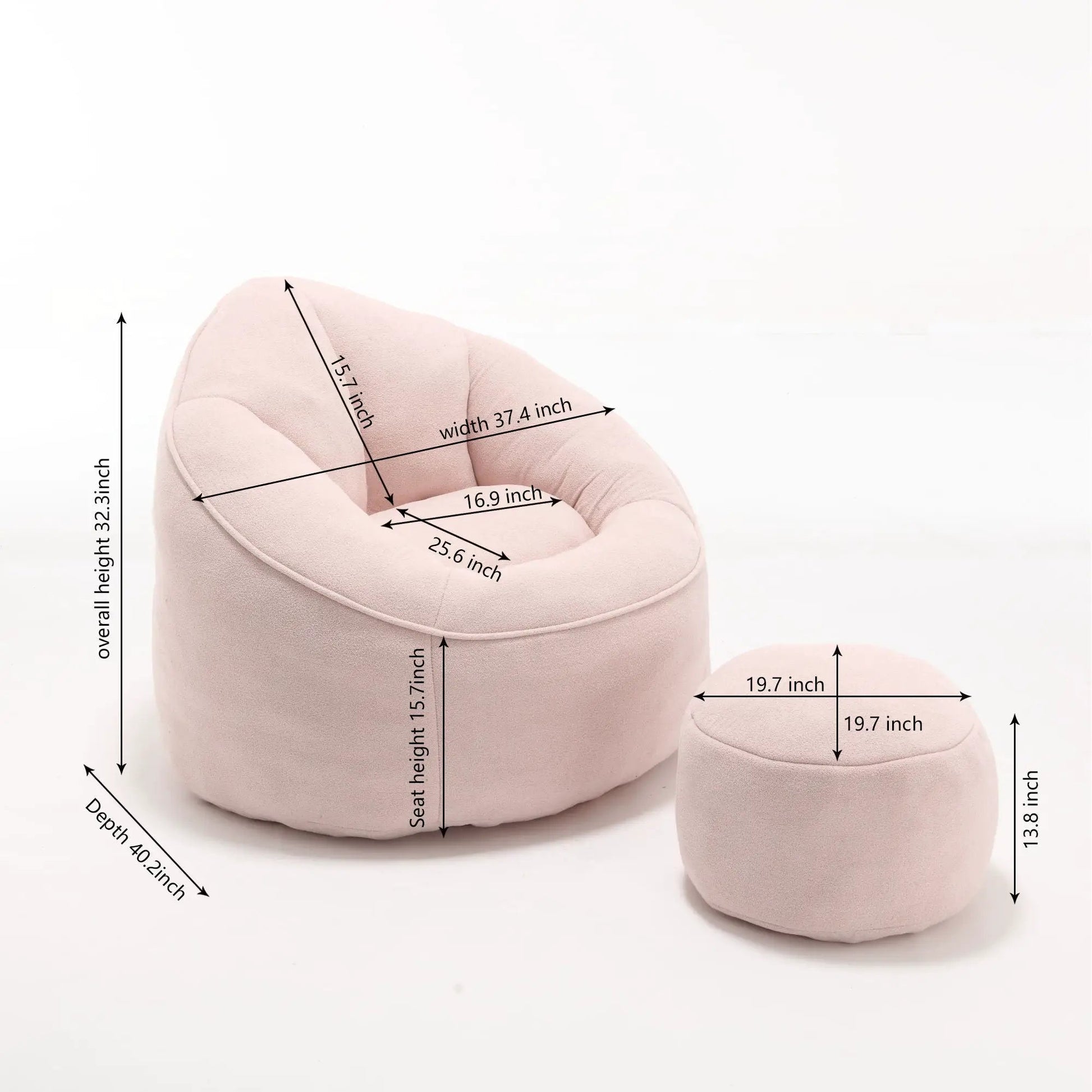 Beige bedding bean bag sofa chair with footrest and measurement arrows on Tampa Home & Garden Store