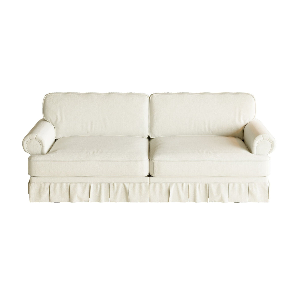 Comfortable Cloud Sofa cream fabric with rolled arms and skirt by HouseOfZazla on Tampa Home & Garden Store