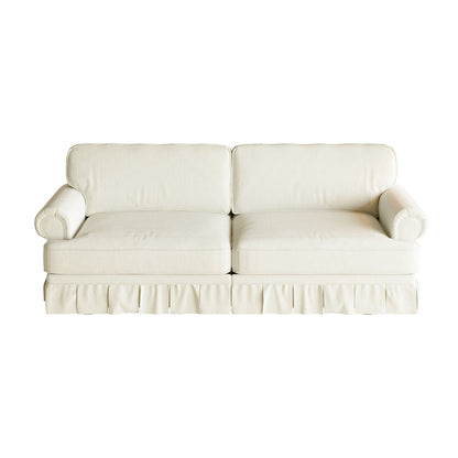 Comfortable Cloud Sofa cream fabric with rolled arms and skirt by HouseOfZazla on Tampa Home & Garden Store