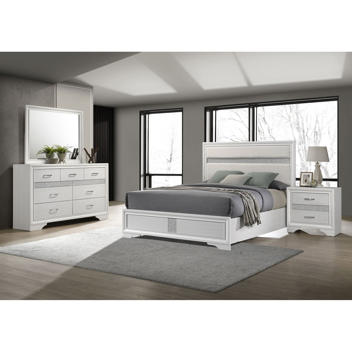 Annie 4 Piece Bedroom Set by HouseOfZazla gray bed, dresser, mirror, and nightstands on Tampa Home & Garden Store