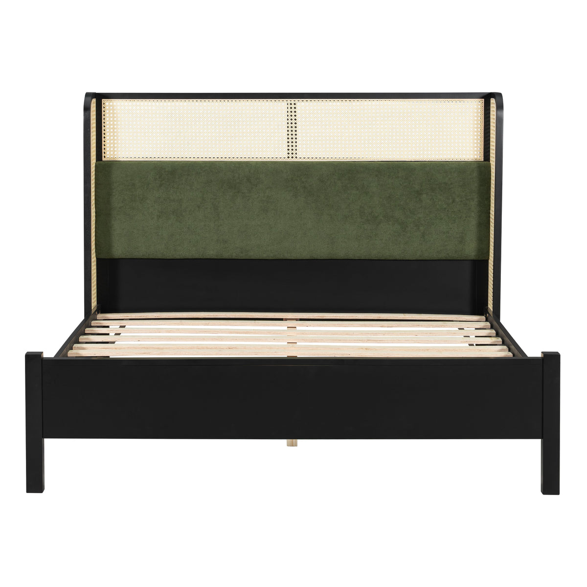 Queen size bed frame with green upholstered headboard and cane panel, black frame HouseOfZazla on Tampa Home & Garden Store
