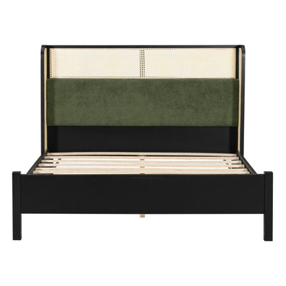 Queen size bed frame with green upholstered headboard and cane panel, black frame HouseOfZazla on Tampa Home & Garden Store