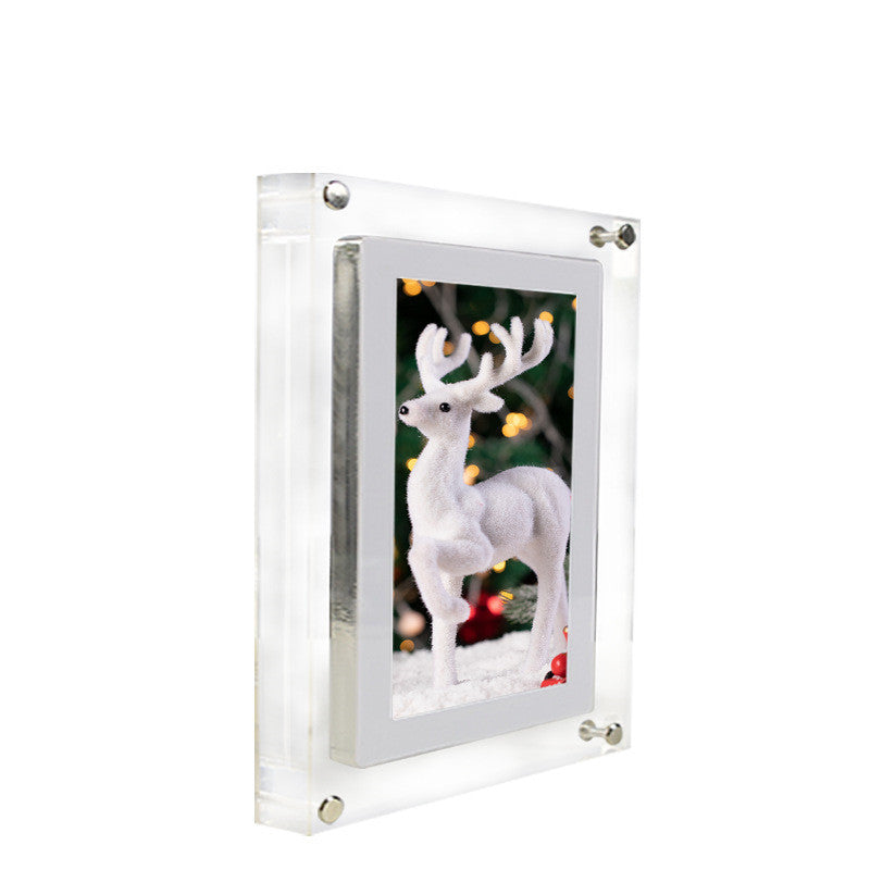Digital picture frame acrylic vertical display with clear frame featuring a white deer photo on Tampa Home & Garden Store