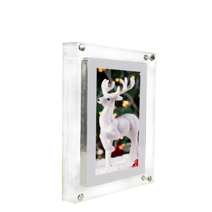 Digital picture frame acrylic vertical display with clear frame featuring a white deer photo on Tampa Home & Garden Store