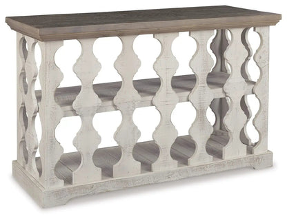 Havalance console sofa table gray white with dark wood top and shelf on Tampa Home & Garden Store
